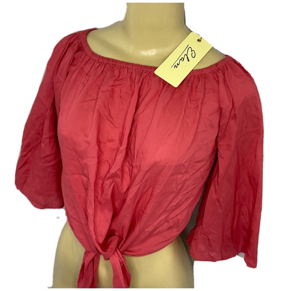 Elan Womens S Off The Shoulder Blouse Top Tie Front Smocked Dusty Rose Pink NWT